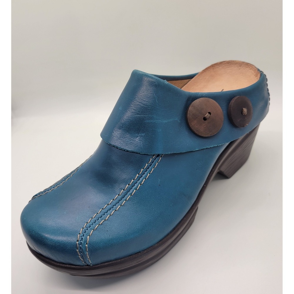 Sanita Teal Blue Leather Mule Clogs Women EU 37 US 6.5-7 Comfort Button 70s 90s - Picture 6 of 16